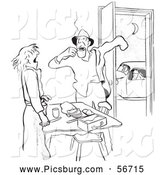 Clip Art of a Coloring Page of a Retro Vintage Woman Making Lunch for Her Husband Before Work Black and White by Picsburg