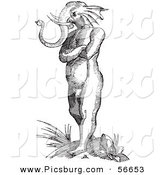 Clip Art of a Elephant Headed Man Creature - Fantasy Black and White Line Drawing by Picsburg