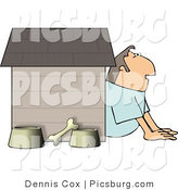 Clip Art of a Husband in Trouble with His Wife, Hiding Inside a Doghouse with a Bone and Food & Water Bowls by Djart