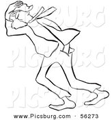 Clip Art of a Man Trying to Walk in Windy Hurricane Weather - Black and White Line Art by Picsburg