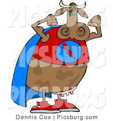 Clip Art of a Muscular and Strong Brown Superhero Cow Wearing a Cape and Flexing Arm Muscles by Djart