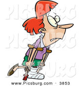 Clip Art of a Red Haired Female with a Cast, Using Crutches to Walk to the Right by Toonaday
