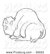 Clip Art of a Resting Bison Laying on Ground - Black and White Line Art by Picsburg