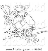 Clip Art of a Retro Vintage Man Collecting Gas from a Leaky Tank After a Car Wreck Black and White Coloring Page Outline by Picsburg