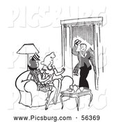 Clip Art of a Retro Vintage Man Greeting Two Ladies in a Living Room in Black and White Sketch by Picsburg