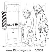 Clip Art of a Retro Vintage Shaggy Men at a Closed Barber Shop Door Black and White Coloring Page Outline by Picsburg