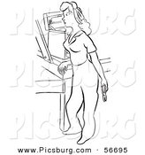 Clip Art of a Retro Vintage Worker Leaning by a Tool Box Black and White by Picsburg