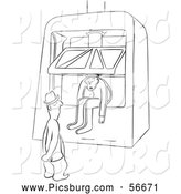 Clip Art of a Retro Vintage Worker Man in a Machine Press, About to Get Squished, Black and White - Coloring Page Outline by Picsburg