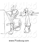 Clip Art of a Retro Worker Man Gaping at a Worker Woman Black and White by Picsburg