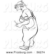 Clip Art of a Shocked Worker Woman Looking down While Holding a Wrench - Black and White Line Art by Picsburg
