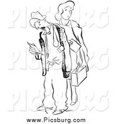 Clip Art of a Vintage Tired Worker Man and Lady with Time Sheets Black and White by Picsburg