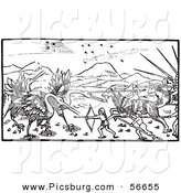 Clip Art of an Old Fashioned Vintage Battle Between Cranes and Pygmies Black and White 1 by Picsburg