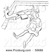 Clip Art of an Old Fashioned Vintage Couple Reading and Knitting on Their Floor Black and White by Picsburg