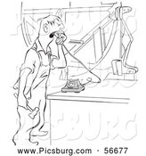 Clip Art of an Old Fashioned Vintage Worker Man Yelling into a Phone Black and White by Picsburg