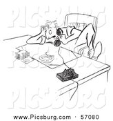 Vector Clip Art of a Black and White Sketched Stressed Man Talking on a Phone at a Desk with a Burning Cigarette in an Ash Tray by Picsburg