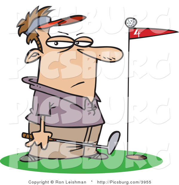 Clip Art of a Caucasian Male Golfer Standing by a Golf Ball on Top of a Red Flag on the Green