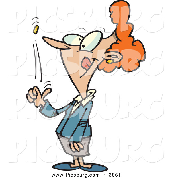Clip Art of a Caucasian Red Haired Woman Flipping a Coin into the Air