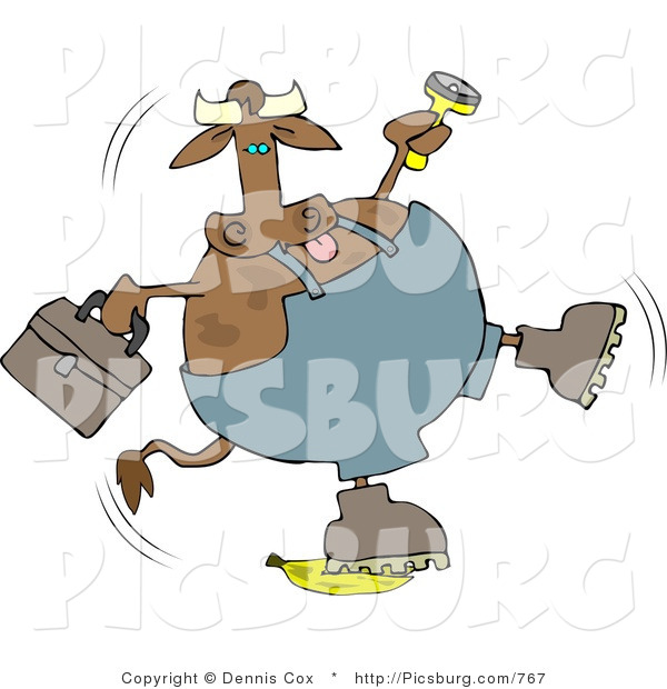 Clip Art of a Clumsy Repairman Cow Slipping on a Yellow Banana Peel