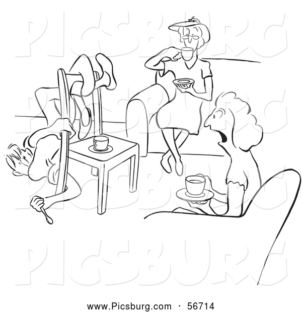 Clip Art of a Coloring Page of Retro Vintage Ladies Promting a Man About His Day at Work Black and White