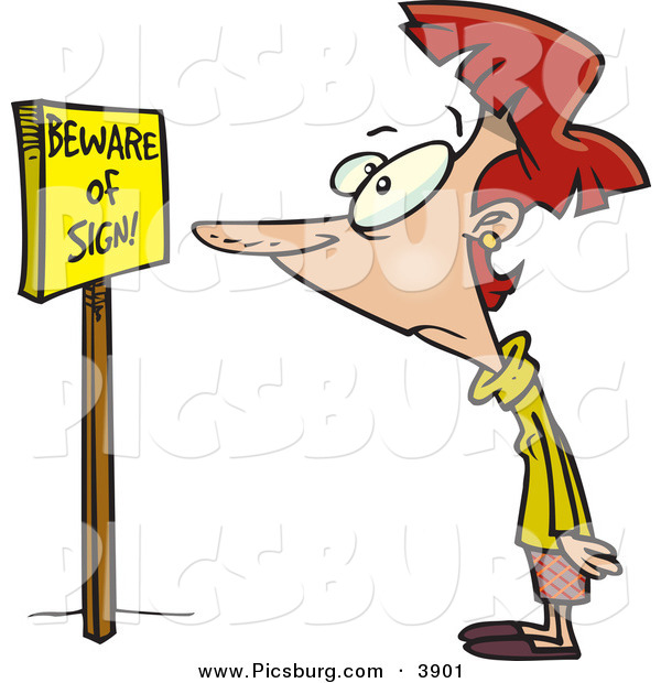 Clip Art of a Confused White Woman Reading a Sign That Says Beware of Sign