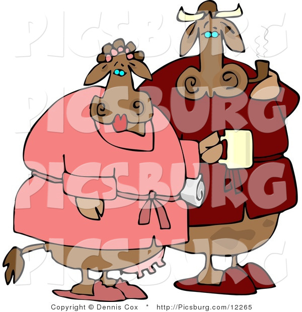 Clip Art of a Cow Pair Wearing Red and Pink Housecoats in the Morning