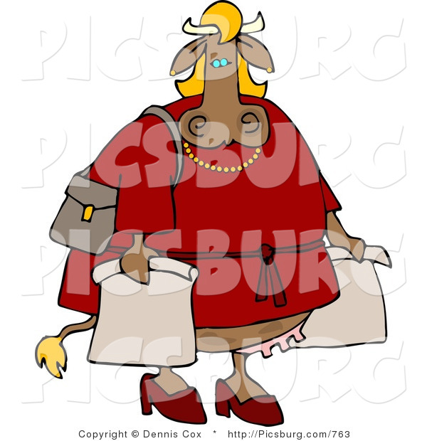 Clip Art of a Female Cow in a Red Dress Going on a Shopping Spree for Fun