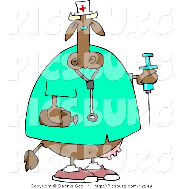 Clip Art of a Female Nurse Cow in Scrubs Holding a Syringe and a Bottle of Peroxide in Hand