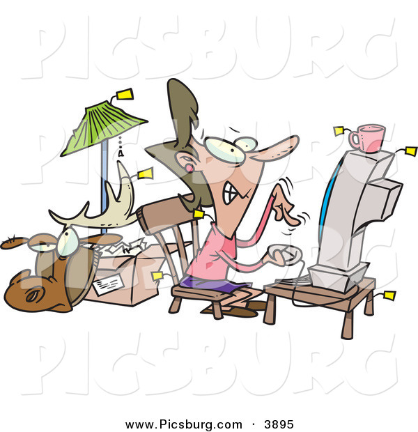 Clip Art of a Female Online Auction Addict Sitting in Front of a Computer and Gritting Her Teeth, All Items Around Her with Price Tags