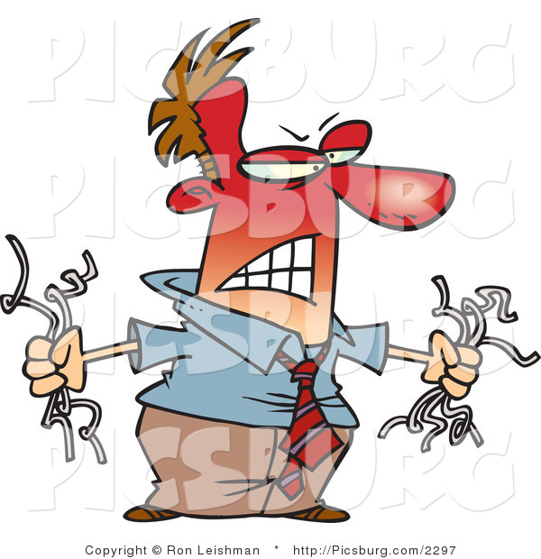 Clip Art of a Furious and Angry Red Faced Man Holding Torn Computer Wires
