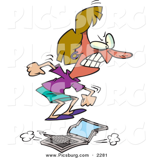 Clip Art of a Furious Woman Jumping on a Laptop Computer