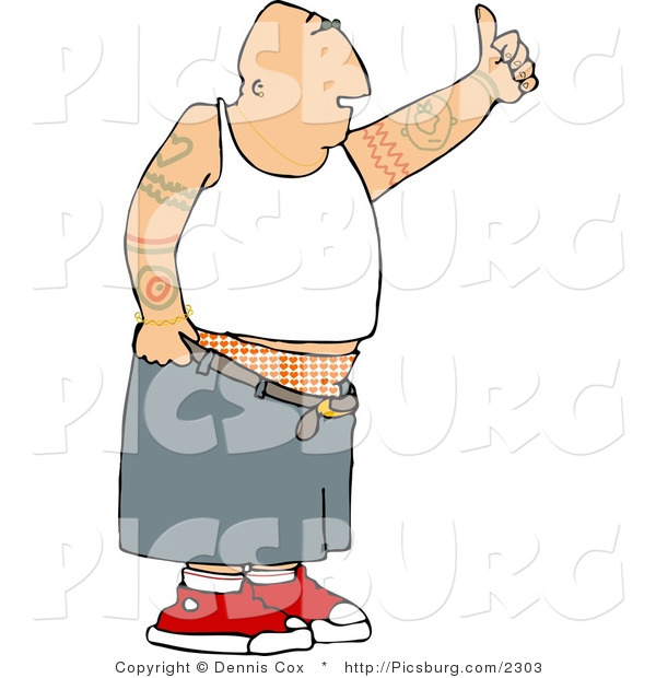 Clip Art of a Gangster Man with Tattoos on His Arms, Hitch Hiking for a Ride