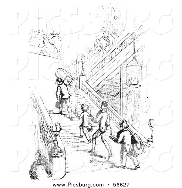 Clip Art of a Group of Old Fashioned Vintage Men Climbing Hotel Stairs in Black and White