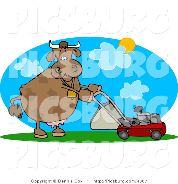 Clip Art of a Helpful Cow Mowing Lawn on a Hot Summer Day
