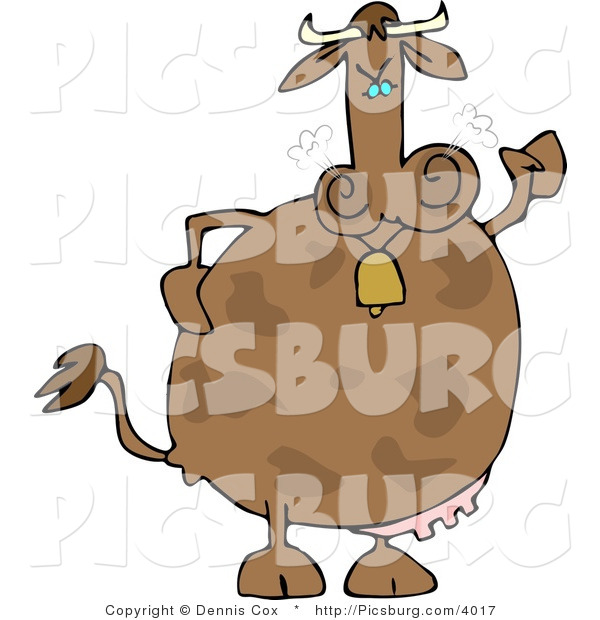 Clip Art of a Mad Cow Wearing a Bell and Shaking His Clenched Fist