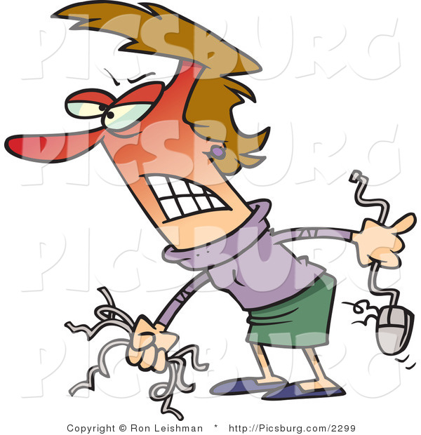 Clip Art of a Mad Woman Baring Her Teeth and Holding Computer Wires and a Mouse