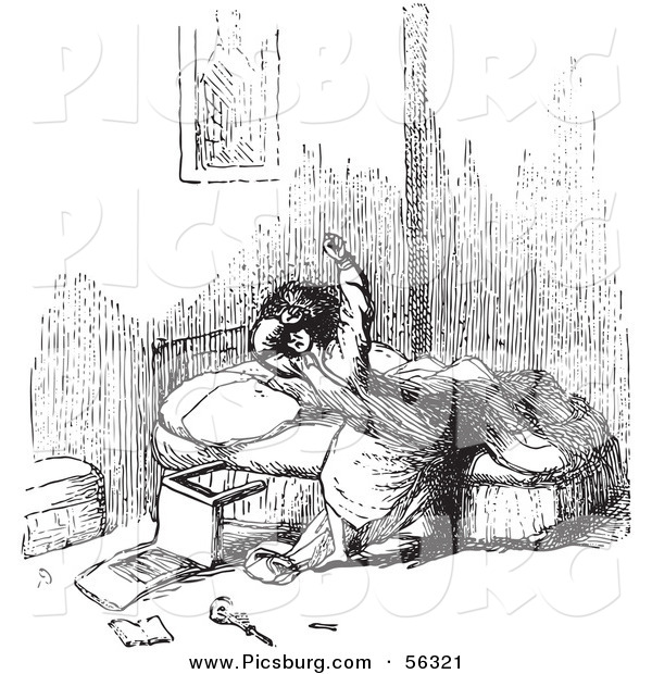 Clip Art of a Man Being Annoyed by Mosquitoes While Trying to Fall Asleep in Bed - Black and White