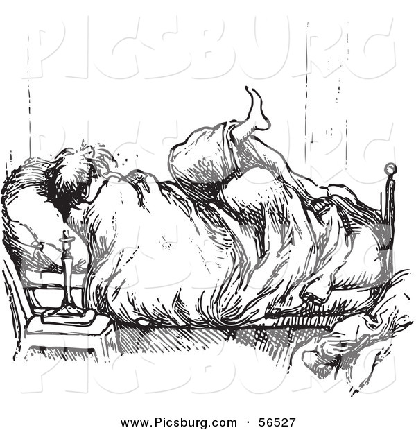 Clip Art of a Man Tangled in Blankets in His Bedroom - Black and White