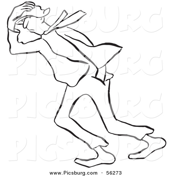 Clip Art of a Man Trying to Walk in Windy Hurricane Weather - Black and White Line Art