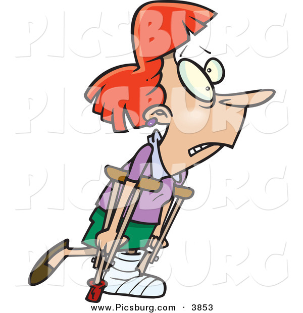 Clip Art of a Red Haired Female with a Cast, Using Crutches to Walk to the Right