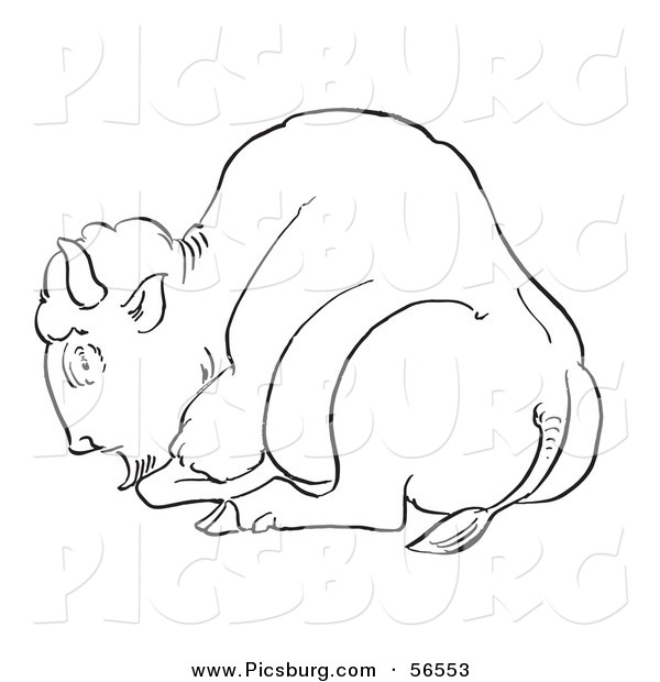 Clip Art of a Resting Bison Laying on Ground - Black and White Line Art