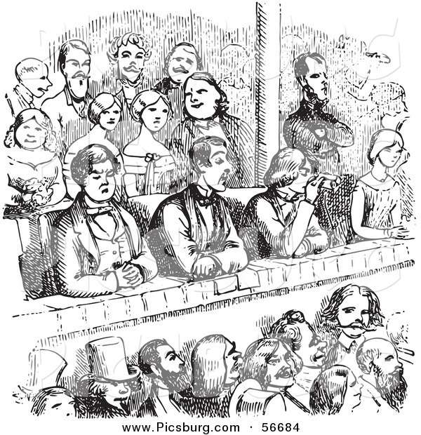 Clip Art of a Retro Sketch of Vintage People in a Theater in Black and White