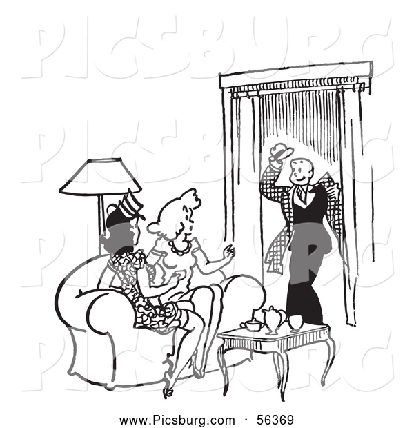 Clip Art of a Retro Vintage Man Greeting Two Ladies in a Living Room in Black and White Sketch