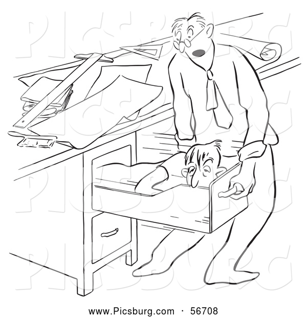 Clip Art of a Retro Vintage Office Worker Man Sleeping in His Desk Drawer Black and White Outline