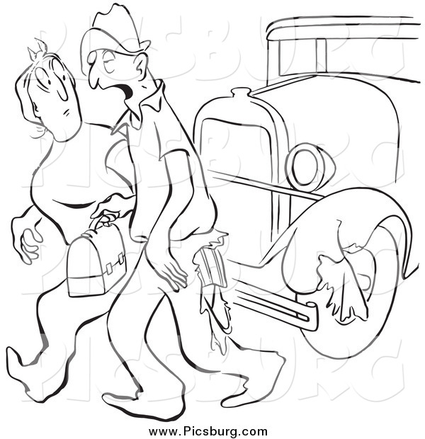 Clip Art of a Retro Worker Man Losing Part of His Pants on a Car While Talking to a Lady Black and White