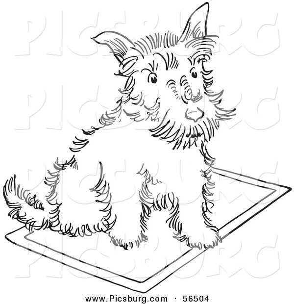 Clip Art of a Scottie Dog Sitting on a Rug - Black and White Line Art