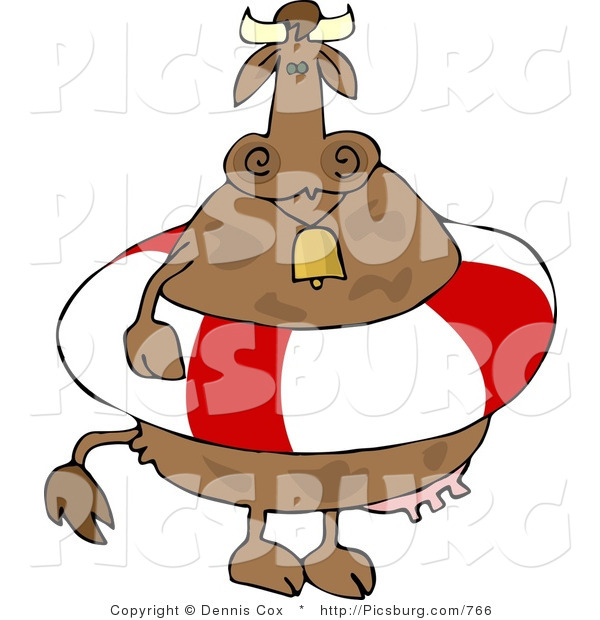 Clip Art of a Spotted Brown Cow Wearing a Red and White Life Preserver and Bell
