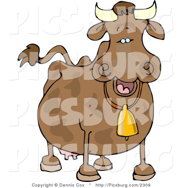 Clip Art of a Spotted Brown Cow Wearing a Yellow Bell