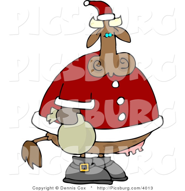 Clip Art of a Spotted Brown Santa Cow with a Bag