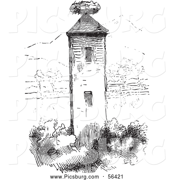 Clip Art of a Stork Nest on a Tower in Black and White