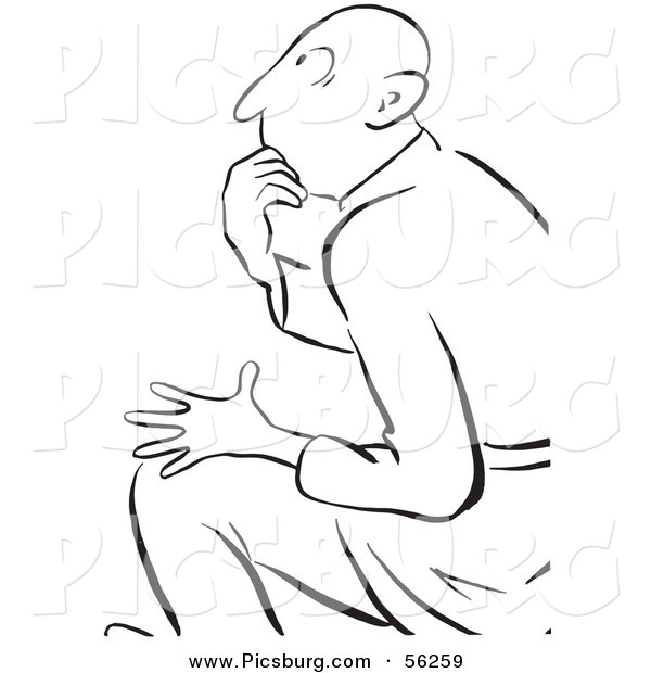 Clip Art of a Thinking Man While in a Seated Position - Black and White Line Art